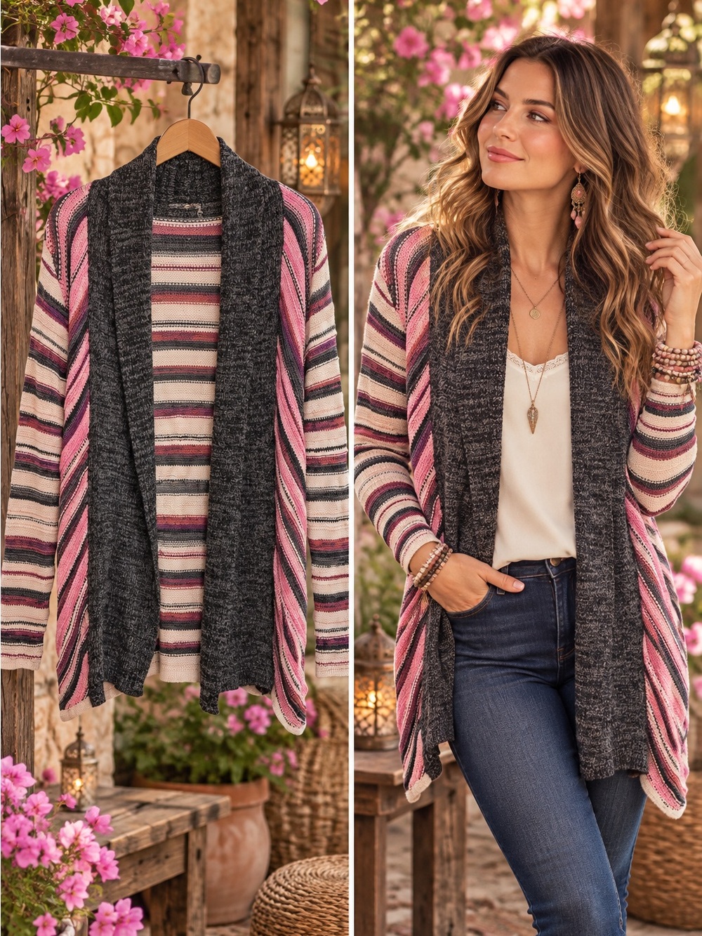 Aratta (Silent Journey) Cozy Striped Open-Front Cardigan Sweater - Pink/Charcoal